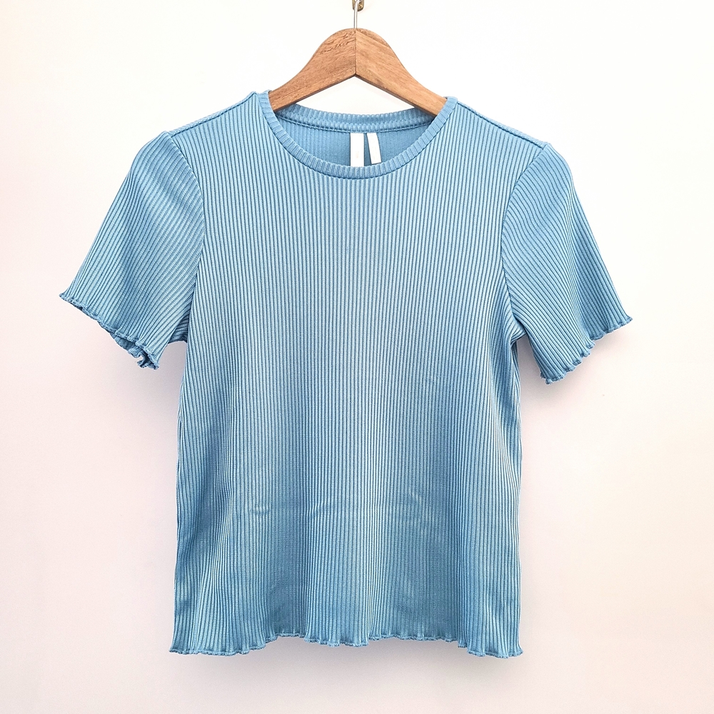 Baby Blue Ribbed Short Sleeve Lettuce Hem T-Shirt